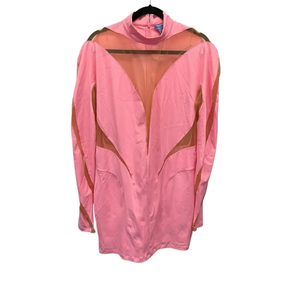 Mugler x H&M Pink Mesh Paneled Mini Dress Bodycon Long Sleeve 2XL - Picture 7 of 14